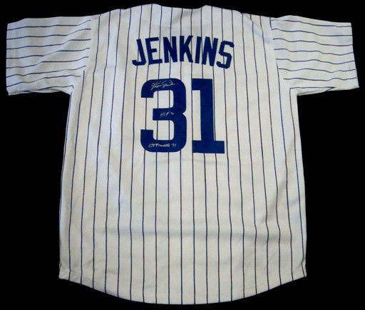 Fergie Jenkins Autographed Chicago Cubs Jersey: Fergie Jenkins Autographed Chicago Cubs Jersey; white with blue pin stripes and logo on front; outstanding jersey signed by Jenkins on the back of the jersey over the '3' with HOF 91 Cy Young 71 inscr
