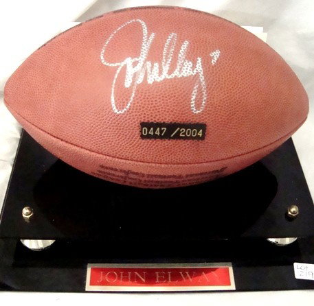 John Elway Signed HOF Induction Football, JSA: John Elway Signed Hall of Fame Induction Football; signed by Elway in silver sharpie marker on a Limited Edition Hall of Fame Official NFL Wilson Football; ball is #447 out of 2004 signed; great stat 