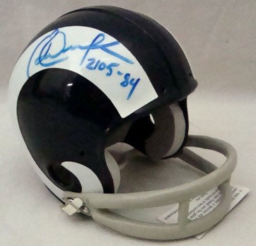 Eric Dickerson Autographed Rams Mini Helmet, JSA: Eric Dickerson Autographed Rams Mini Helmet; signed by Dickerson in blue marker with '2105-84' inscription; comes with a COA from JSA.