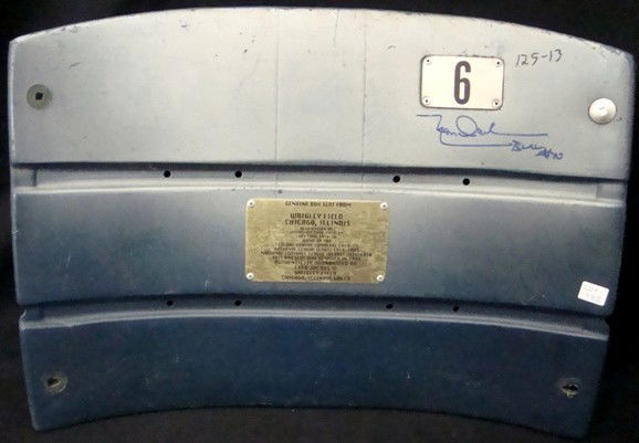 Leon Durham Autographed Cubs Box Seat Back #6, JSA: Leon Durham Autographed Chicago Cubs Box Seat Back; signed by Durham in blue sharpie marker with 'Bull #10' inscription; gold plate on the middle slat reads "Genuine Box Seat From Wrigley Field Chicag