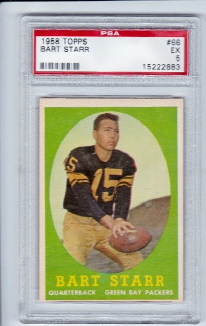 1958 Topps #66 Bart Starr PSA 5 EX: Professionally graded EX 5 by PSA. Nice 2nd year card of this Packer favorite.