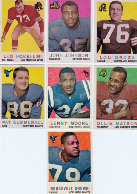 Lot of (7) 1959 Topps Football Stars GREAT CONDITI: Includes: #114 Roosevelt Brown (NM), #41 Pat Summerall (NM), #100 Lenny Moore (NM), #50 Ollie Matson (NM), #60 Lou Groza (NM), #44 John Henry Johnson (NM, and #19 Leo Nomellini (NM). Nice lot.