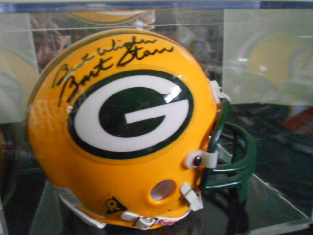 Bart Starr signed Green Bay Packers Mini-Helmet wi: Beautiful autographed mini with the salutation "Best wishes" inscribed before the signature. Was signed on 1/31/09 at the 22nd Annual Superbowl Breakfast Hiosted by Athletes in Action at the USF Sundo