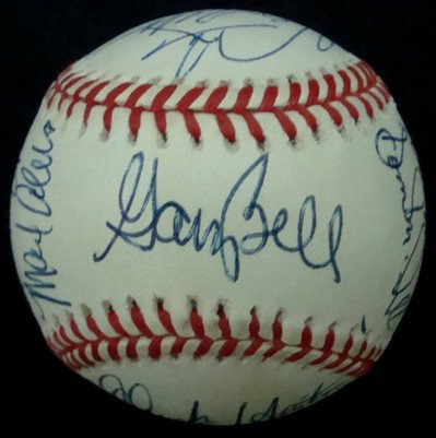 OAL Gene Budig Autographed Baseball, JSA: Official American League Gene Budig Autographed Baseball; (15) signatures include Mudcat Grant, (2) Chuck Hinton, Max Alvis, Gary Bell (on the sweet spot), Sam McDowell, Tito Francona, Pat Tabler, Hal