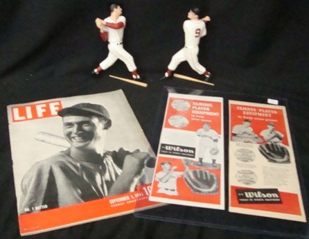 Ted Williams Lot, Life Mag, Hartland Fig, Ads: Nice Lot of Ted Williams Memorabilia; includes September 1, 1941 Life Magazine No.1 Batter issue featuring Williams on the cover; magazine is in VG condition; cover shows little wear and is strongly i