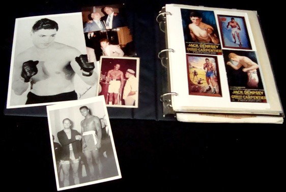 Vintage Boxing Scrapbook, c. 1940-s & Later: Vintage Boxing Scrapbook Lot; circa 1940's and later; includes many great articles and newspaper cutouts featuring Joey Maxium, Wiilie Vaughn, Tommy Jackson, Bobby Boyd, Rocky Marciano, Sugar Ray Leon