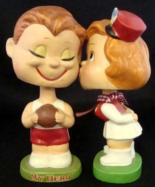 Lego 'My Hero' Kissing Basketball Nodder: Lego Japan 'My Hero' Kissing Basketball Nodders; nice set of nodders including boy basketball player with '1' on the jersey and kissing girl nodder in majorette uniform; kisses the boy on the left che