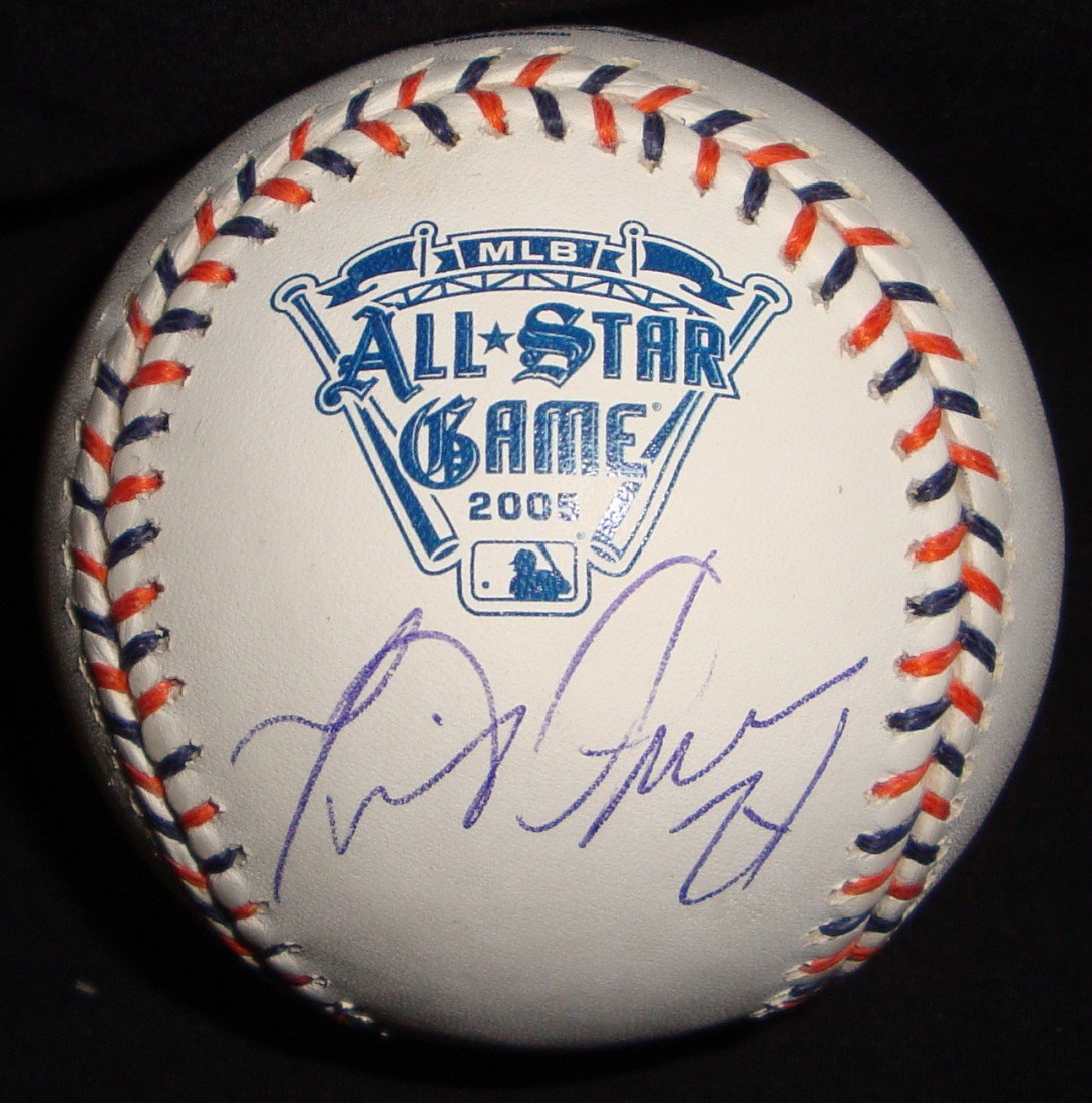 Torii Hunter Autographed 2005 All-Star Game Ball: Official 2005 All-Star Game Baseball signed by Hunter on the heel in blue pen; nice, clean ball wirh red and blue laces and All-Star Game logo on the heel; comes with a COA from JSA.