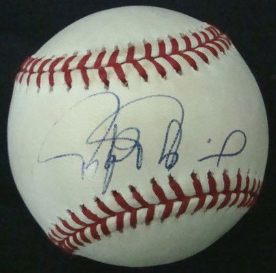 Rafael Palmeiro Autographed Baseball, JSA: Official MLB Bud Selig baseball signed by Palmeiro on the sweet spot in blue ballpoint pen; comes with a COA from JSA.