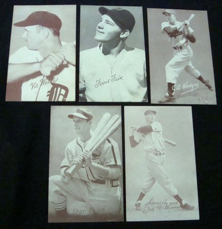 Lot of 1939-46, 1947-66 Exhibit Cards: Lot of (5) Exhibit Cards; includes 1939-46 Salutation Exhibit Card #82 Ted Williams (9 not showing); also includes 1947-66 Exhibits #211 Stan Musial (kneeling); #126 Gil Hodges (B on cap); #94 Ferris 
