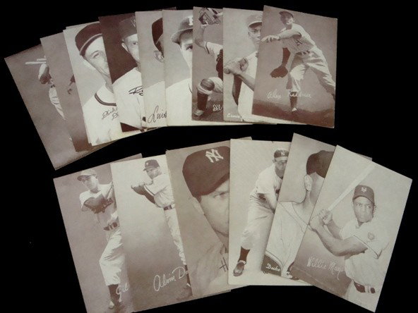 Lot of 1939-46, 1947-66 Exhibit Cards: Lot of (17) Exhibit Cards; includes 1947-66 Exhibits #196 Willie Mays (batting) EX cond; #274 Duke Snider (B on cap), #167 Don Larsen, #24 Hank Bauer (NY cap), #75 Al Dark (Giants), #126 Gil Hodges (B