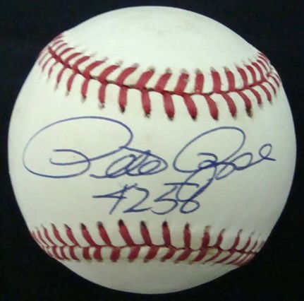 Pete Rose Autographed Baseball, JSA: ONL Leonard Coleman Baseball signed by Rose on the sweet spot in blue ink; nice clean signature with '4256' inscription; comes with a COA from JSA.