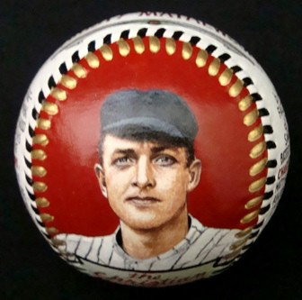 M. Sheldon Christy Mathewson Art Ball: Monty Sheldon Art Baseball featuring Christy Mathewson; Sheldon painted this baseball in 2000 with Mathewson portrait on one heel, name across the sweet spot, pitcher portrait on the other heel, stats