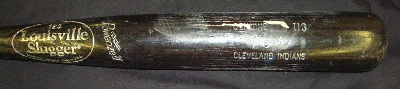 Dave Justice Game Used Baseball Bat: Dave Justice Game Used Louisville Slugger I13 Black Bat; shows lots of game use; shows chipping and lots of scuffing to the barrel; knob marked with stats/number in silver sharpie; good gamer.