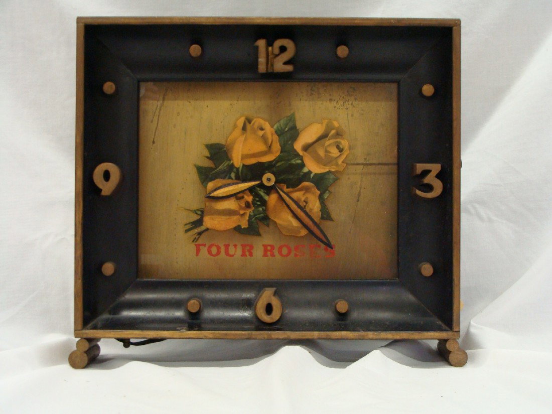 1930 Four Roses Whiskey Electric Light-Up Clock: Works and Lights Overall Good Condition