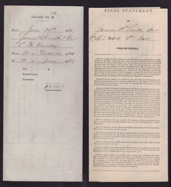 1865 Civil War Payment Voucher and Final Settelmen: For Private James Smith H Company 5th Regiment Pennsvylvania Calvary