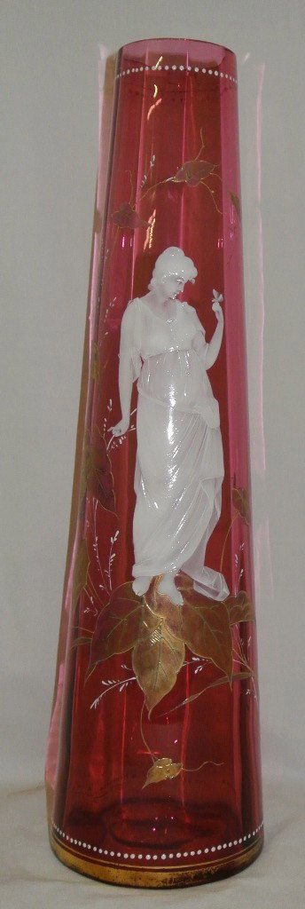 Tall Cranberry Glass Cameo Vase: 17.5" tall 19th c. cameo vase decorated in the style of George Woodall. Gilt vine decorations. Unsigned