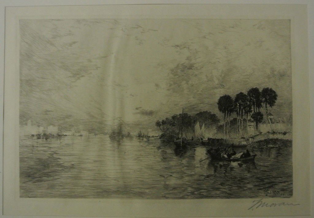 Thomas Moran Signed Etching: Signed in lower right "Morning on the St.Johns Florida" on cream paper. Image size is 8.5 x 5.5" Paper has a mild wrinkle.