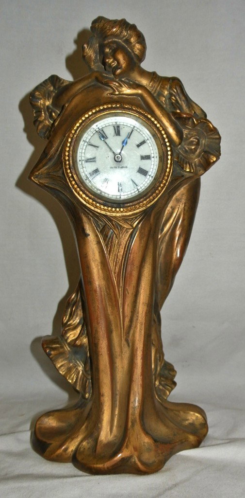 Seth Thomas Art Nouveau Figural Clock: 11" tall bronze figural lamp. Non-working.