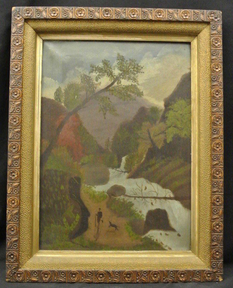 19th c. Oil on Canvas Man Hunting with Dog: 13"x18" oil on canvas. Signed but not legible artist. Mountain scene with man hunting with his dog. Well done.