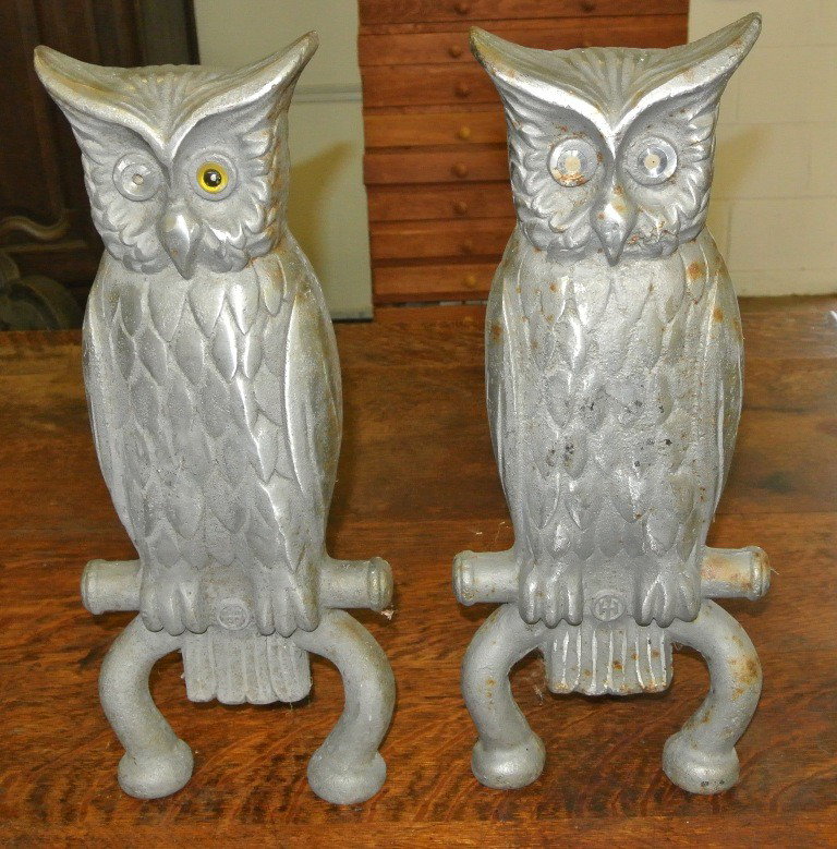 Pair of Cast Metal Owl Porch Lights: Each stands 18x8x6". Original light up yellow eyes are missing and both need rewiring.Very heavy, probably due to high nickel content.