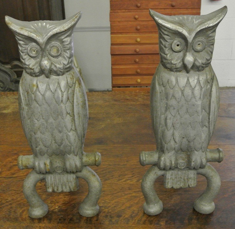 Pair of Cast Metal Owl Porch Lights: Each stands 18x8x6". Original light up yellow eyes are missing and both need rewiring.Very heavy, probably due to high nickel content.