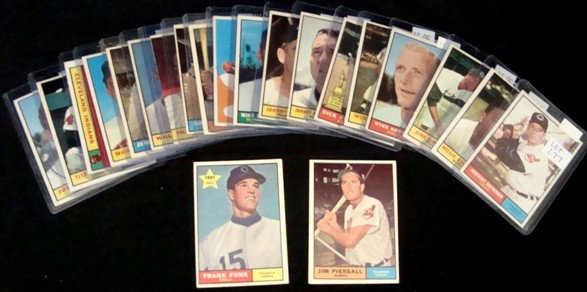 1961 Topps Baseball, Indians, Perry, Temple: 1961 Topps Baseball Card Lot; Group of Cleveland Indians 5,15,18,34,60,77,115,155 (Temple), 191,222 (Dykes), 255,274,319,334,345 (Piersall), 362,385 (Jim Perry),452,467 (Team), 503,511 and more; overa