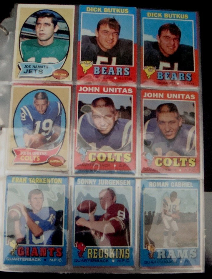 Lot of 1971-78 Topps Football Cards, Stars, Namath: Lot of (200+) 1971-78 Topps Football Cards with Stars; overall condition is VG-EX to NM; includes star cards Joe Namath, John Unitas, Dick Butkus, Roman Gabriel, Sonny Jurgensen, Fran Tarkenton, Charl
