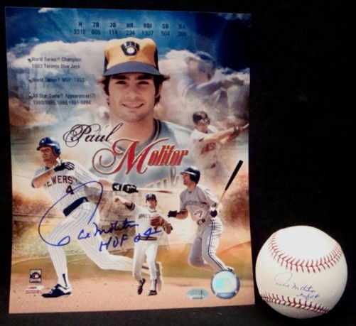 Paul Molitor Autographed Baseball & 8x10 Photo, JSA: Paul Molitor Autograph Lot; includes 8x10 Stat Print signed by Molitor in blue sharpie marker with 'HOF 04' inscription; also includes Official MLB Bud Selig baseball signed by Molitor on the sweet sp