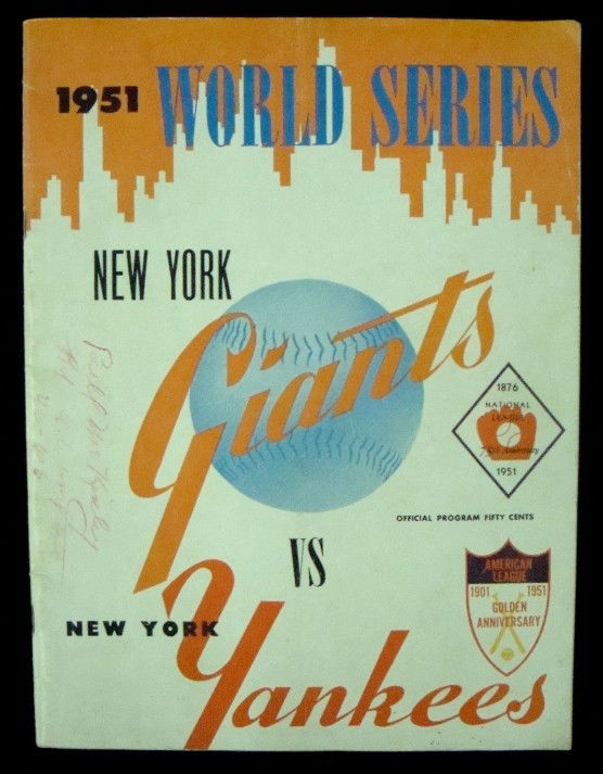 1951 World Series Bill McKinley Signed Program: 1951 World Series Program Signed by Bill McKinley; 1951 New York Giants vs. New York Yankees World Series program in VG condition; signed by the famed American League umpire, Bill McKinley on the left