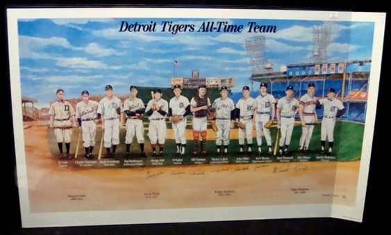 Detroit Tigers All-Time Team Signed Ltd Ed Lithogr: Detroit Tigers All-Time Team Autographed Limited Edition Michael Taylor Lithograph; signed by (8) of the All-Time stars includes George Kell, Al Kaline, Bill Freehan, Mickey Lolich, John Hiller, Jack