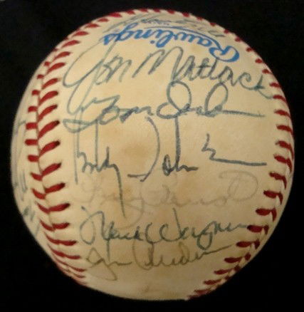 1983 Texas Rangers Team Signed Baseball, JSA: 1983 Texas Rangers Team Signed Baseball; OAL Lee Mac Phail ball signed by (23) Rangers; includes Doug Rader (Mgr, on the sweet spot), Jim Anderson, Mark Wagner, Larry Parrish, Jon Matlack, Bobby Jones