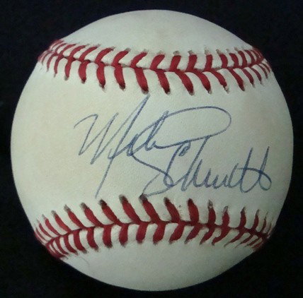 Mike Schmidt Autographed Baseball, JSA: ONL William White Baseball signed by Schmidt on the sweet spot in blue ink; nice, clean signature from the former Phillies third baseman; comes with a COA from JSA.