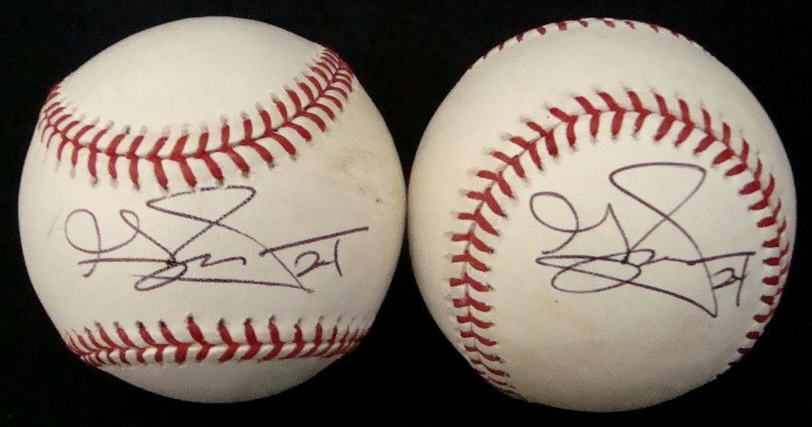 Pair of Grady Sizemore Autographed Baseballs: Lot of (2) Grady Sizemore Autographed Baseballs; signed on Official ML Bud Selig Balls used at Spring Training; shows some scuffing in various places on the balls; one ball is signed on the sweet spot