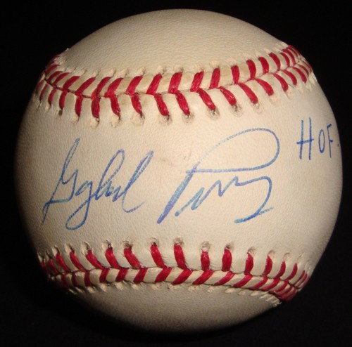Gaylord Perry Autographed and Inscribed Baseball: ONL Bart Giamatti Baseball signed by Perry on the sweet spot in blue ballpoint pen with 'HOF 91' inscription; clean signature; comes with a COA from JSA.