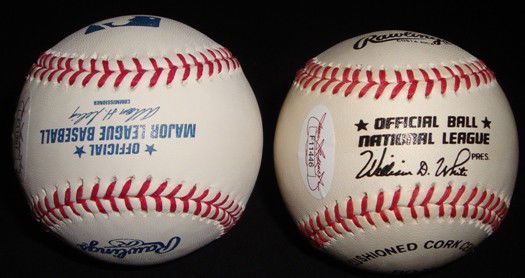 Ivan Rodriguez Gary Sheffield Signed Baseballs, JS: Lot of (2) Autographed Baseballs; includes MLB Bud Selig ball signed by Ivan Rodriguez on the sweet spot in blue ballpoint pen; comes with a Basic Cert from JSA, #F11381; also includes ONL William Whi