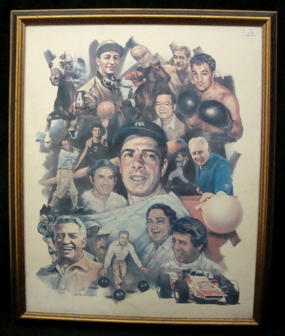 DiMaggio Signed Carlo Beninati "Legends" Giclee, J: Joe DiMaggio Signed and Inscribed Carlo Beninati's Famous "The Legends" Painting; Giclee on canvas; Italian American original artwork by the famed artist; signed by DiMaggio in black marker with 'To m