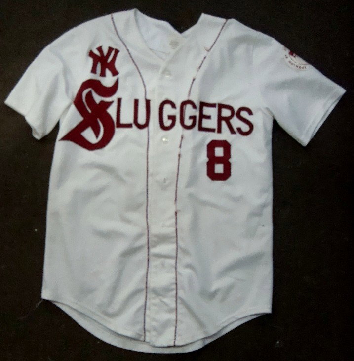 Vintage New York Sluggers Sandlot Jersey: Vintage New York Sluggers Sandlot Jersey; white jersey with red lettering and stitching; #8 on back; team with the Bronx All-Stars, a controversial Little League saga concerning their pitcher, Danny A