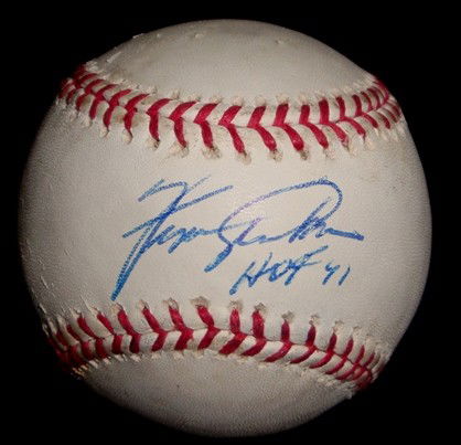 Fergie Jenkins Autographed Baseball: Official MLB Bud Selig Baseball signed by Fergie Jenkins on the sweet spot in blue ballpoint pen with 'HOF 91' inscription; nice, clean signature from the star pitcher.