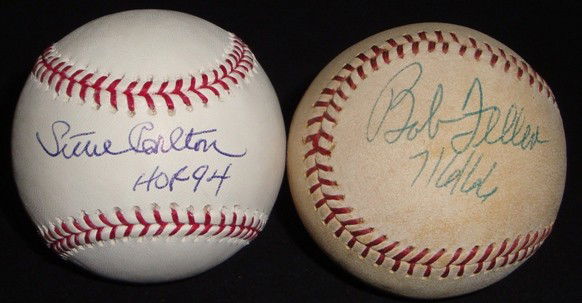 Pair of Signed Baseballs, Feller, Carlton: Lot of (2) Autographed Baseballs, includes rare Mel Stottlemyre baseball signed by Bob Feller on the heel in blue pen, inscribed with 7/6/66; also includes Official MLB Bud Selig baseball signed by St