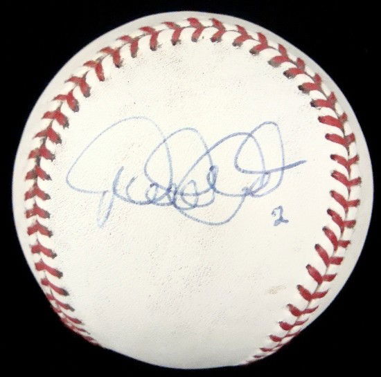 Derek Jeter Autographed Baseball: Official MLB Bud Selig Baseball signed by Jeter on the heel in blue pen with '2' inscription; nice, clean signature; ball was signed March 10, 2003 at Spring Training Pre-Season Game #8 at Chain of La