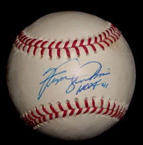 Fergie Jenkins Autographed Baseball: Official MLB Bud Selig Baseball signed by Jenkins on the sweet spot in blue ballpoint pen with HOF 91 inscription; nice, clean signature by the Hall of Famer.