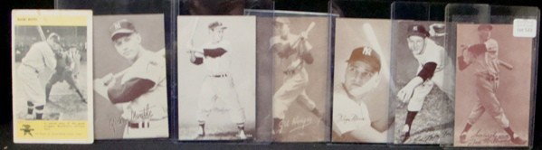 1939-46, 1947-66 Exhibit Card Lot, Mantle: Lot of (6) Exhibit Cards from 1939-46 and 1947-66; all in VG-EX to EX-MT condition; includes Salutation Exhibit #82 Ted Williams - #9 not shown; also includes Exhibits #190 Roger Maris (stat back), #9