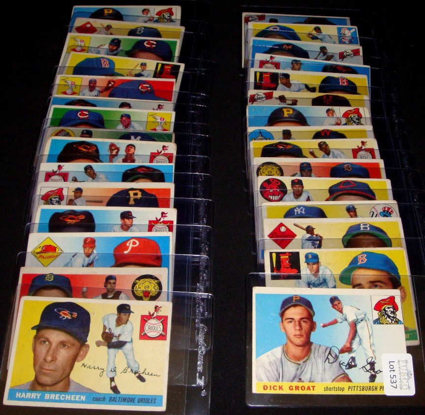 1955 Topps Baseball Card Lot, Robinson: 1955 Topps Baseball Card Lot; includes (30) cards - overall condition is VG to VG-EX with some variations; includes #26 Dick Groat; #83 Tom Brewer; #50 Jackie Robinson (small stain on front, backside 