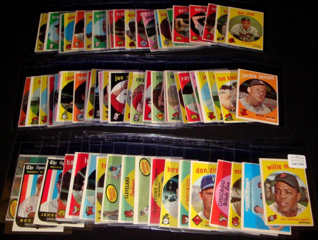 1959 Topps Baseball Card Lot, 66 w Mays: 1959 Topps Baseball Card Lot; includes (66) cards - overall condition is EX to EX-MT with some variations; includes #50 Willie Mays, 374 Directing the Power - Lemon, Lavagetto, Sievers, #80 Minnie Min