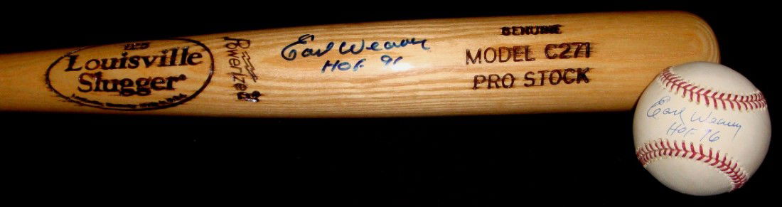 Earl Weaver Autographed Bat & Ball: Earl Weaver Autographed Baseball Memorabilia Lot; includes Official MLB Bud Selig baseball signed by Weaver on the sweet spot in blue pen with HOF 96 inscription; also includes Louisville Slugger Mode