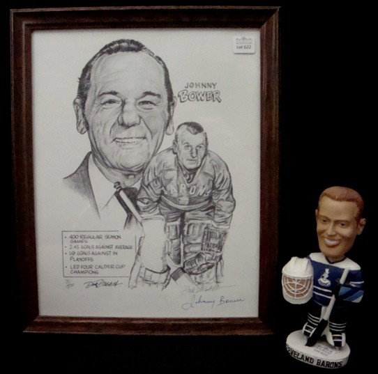 Dick Dugan Johnny Bower Signed Ltd Ed Print: Johnny Bower & Dick Dugan Autographed Limited Edition Dick Dugan Print; outstanding 12-1/2" x 15-1/2" framed print #37 out of 500 made; features Bower in uniform and portrait with stats on bottom (400