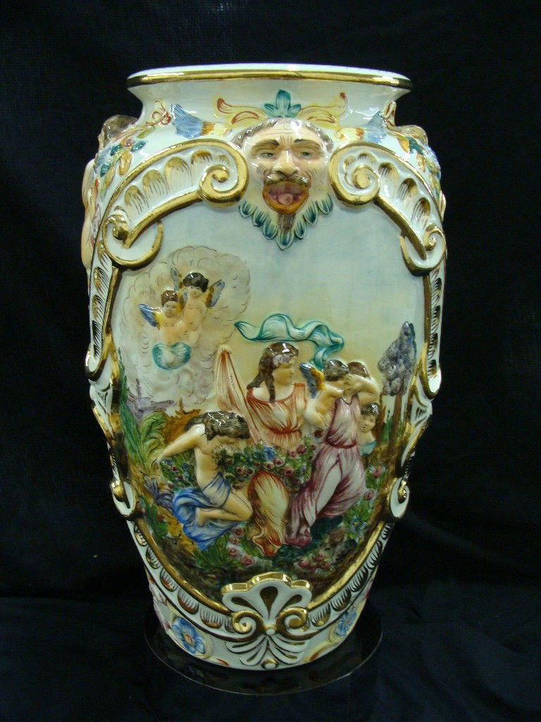 Capodimonte Large 21" tall vase 1535/380: 21" tall Figural vase. There has been significant repair to the bottom well done however, please note the pedestal and vase are two separate lots