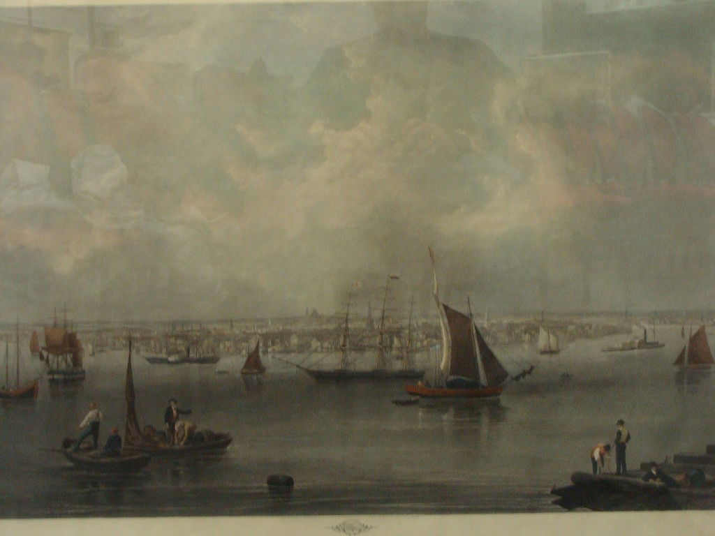 Large 1857 BOSTON Harbor Engraving by C Mottram pa: Large 38 1/2" x 24 1/2" image size, framed is 47 1/2" x 34", from BF Smith Engraving, engraved by C. Mottram, printed by McQueen, Painted by JW Hill, slight water damage on edge
