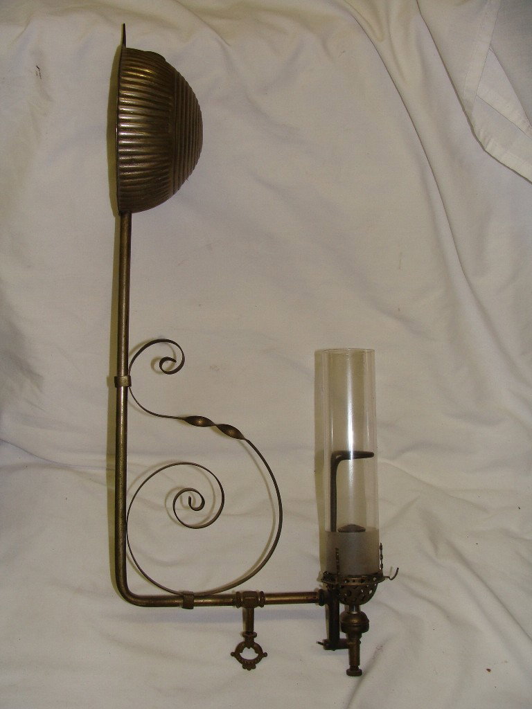 1894 Gas Oil Lamp Wall Mount Fixture w Macbeth Pea: Overall Fixture Height is 20" and extends 10" from the wall, the oil basin is 6" diameter and 3 1/2" deep, the sconce is marked Macbeth No. 180-0 Pearl Glass Shade and is 89" tall and 2 7/8" Outside d